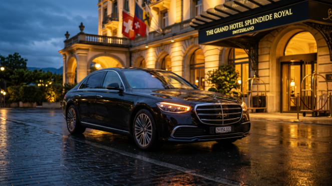 “Mercedes-Benz S-Class luxury limousine Switzerland with professional chauffeur”