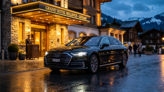 “Audi A8 luxury chauffeur service Switzerland with professional driver”