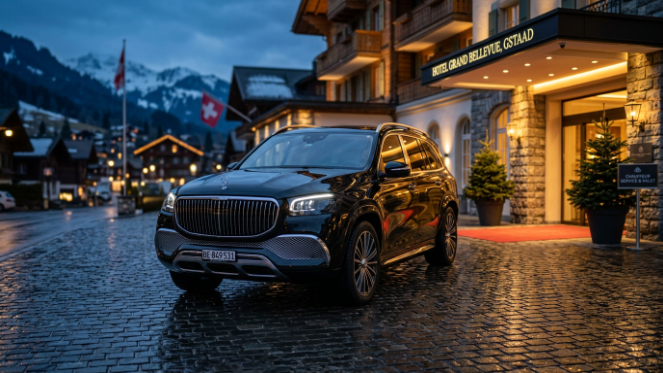 “Mercedes GLS luxury SUV Switzerland with professional chauffeur service by Swiss Geneva Limo”